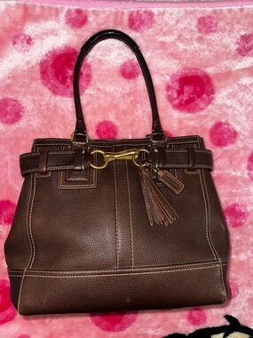 Coach Dark Brown Leather Tote with Gold Hardware and Tassel